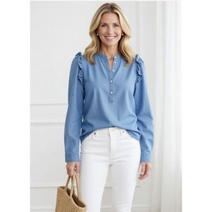 J. Crew Popover Chambray Ruffle Shoulder V-neck Long Sleeve Feminine Preppy - M